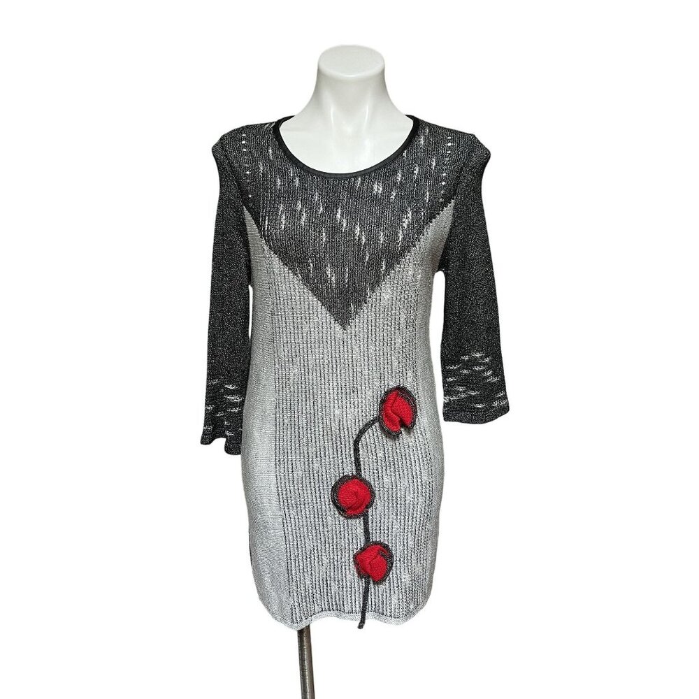 Koren Long Sleeve Sweater Dress Pointelle Knit Floral Applique M
